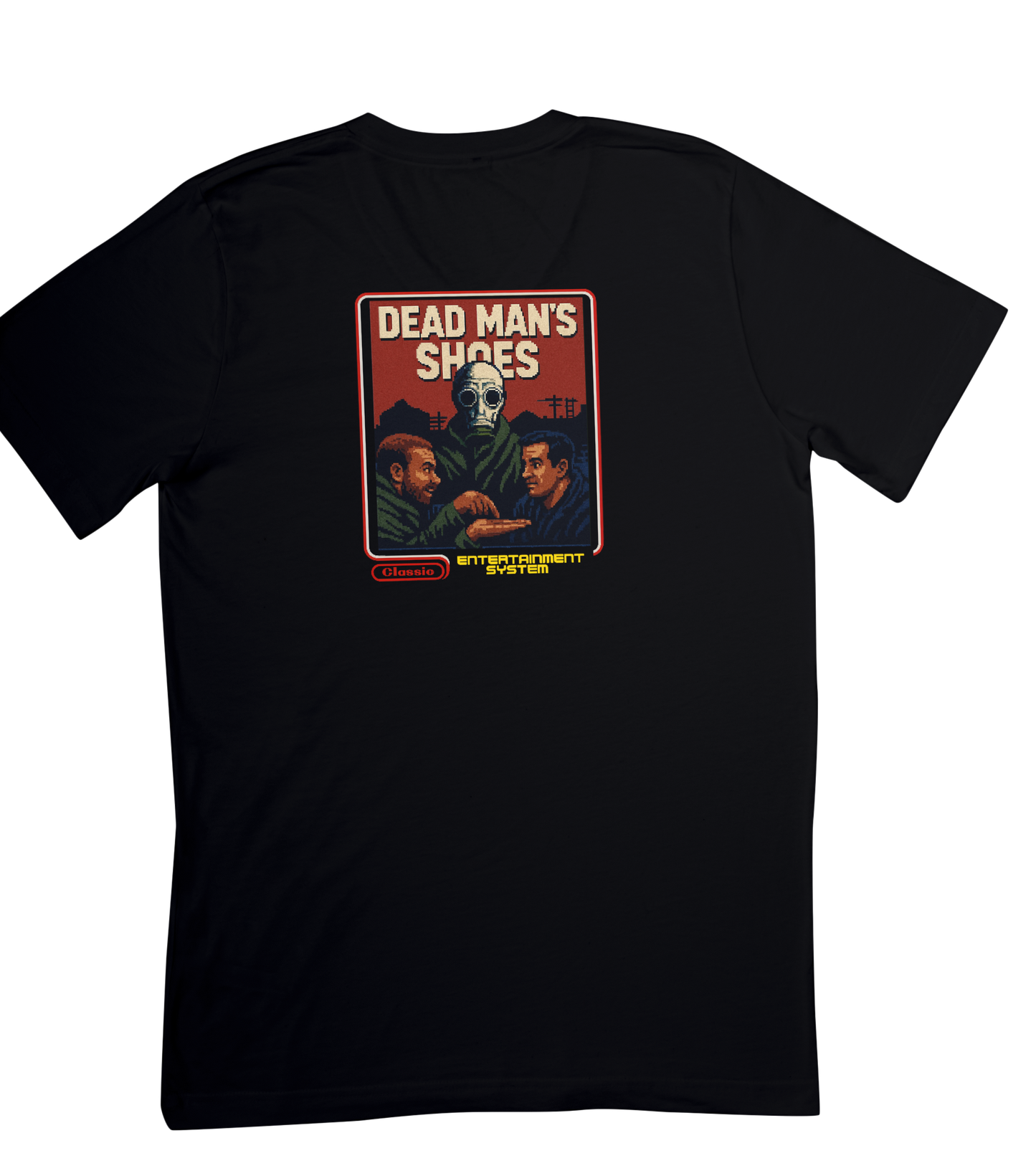 Dead Mans shoes black t-shirt, 8-bit style.