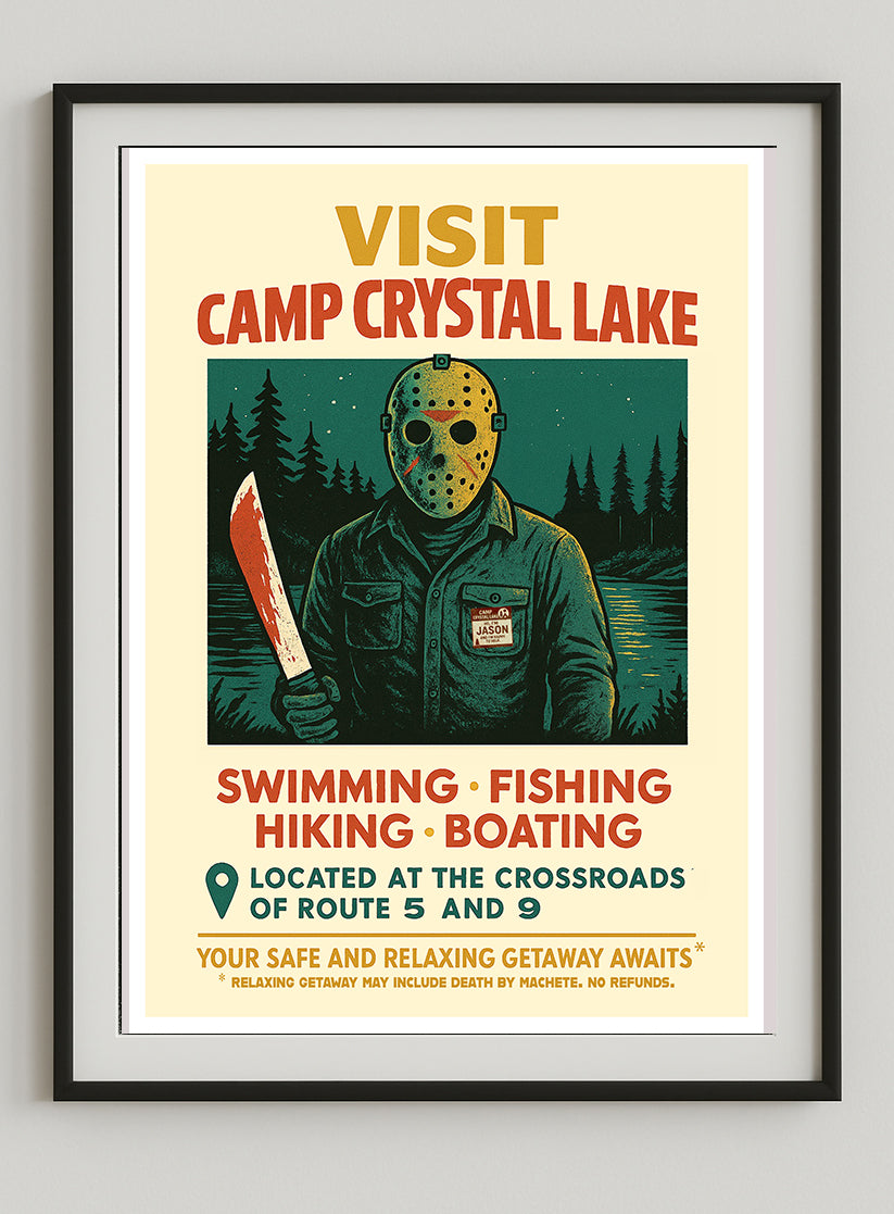 Camp Crystal Lake Parody Poster – Friday the 13th Horror Retro Print