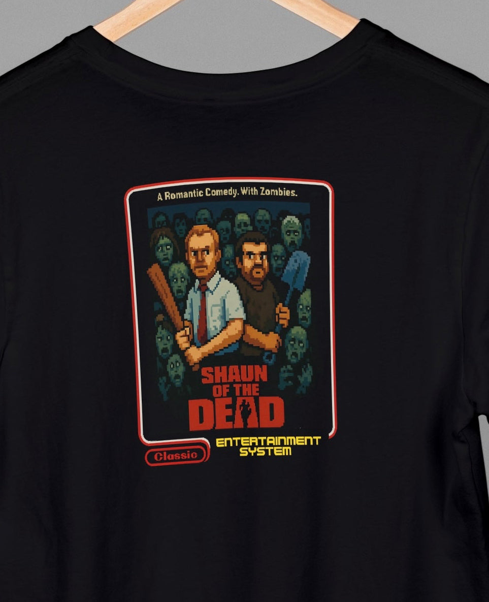 Black unisex t shirt with an image of shaun of the dead in pixel art.